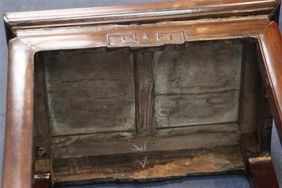 A pair of Chinese hardwood flower stands, possibly huanghuali 17th / 18th century, W.42.5cm H.85cm D.31.5cm, old repairs and replacemen